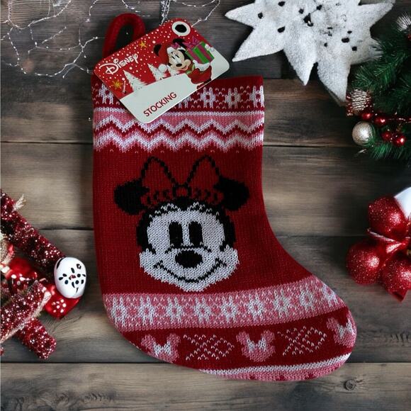 Disney Red and White Minnie Mouse 7.5” Knit Sweater Style Christmas Stocking - Picture 1 of 5